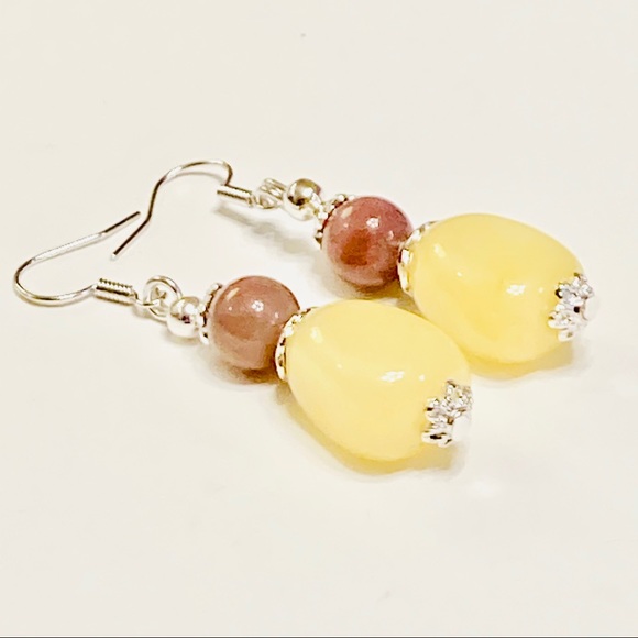 Light Yellow Jadeite & Brown Indian Agate Stone Drop Boho Style Earrings - Picture 9 of 9